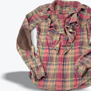 Ralph Lauren Rugby Plaid Shirt Ruffles Women 0 Elbow Patches Preppy Discontinued